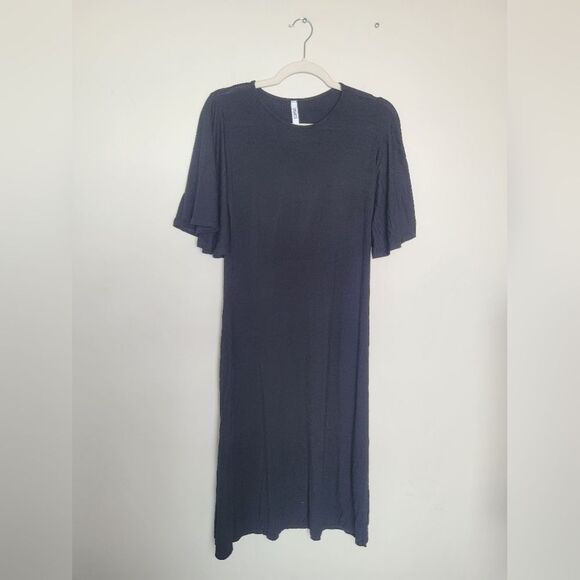 2Hearts Jersey Knit Dress Bell Sleeves Full Skirt Black Midi Soft Casual Medium - Picture 4 of 10